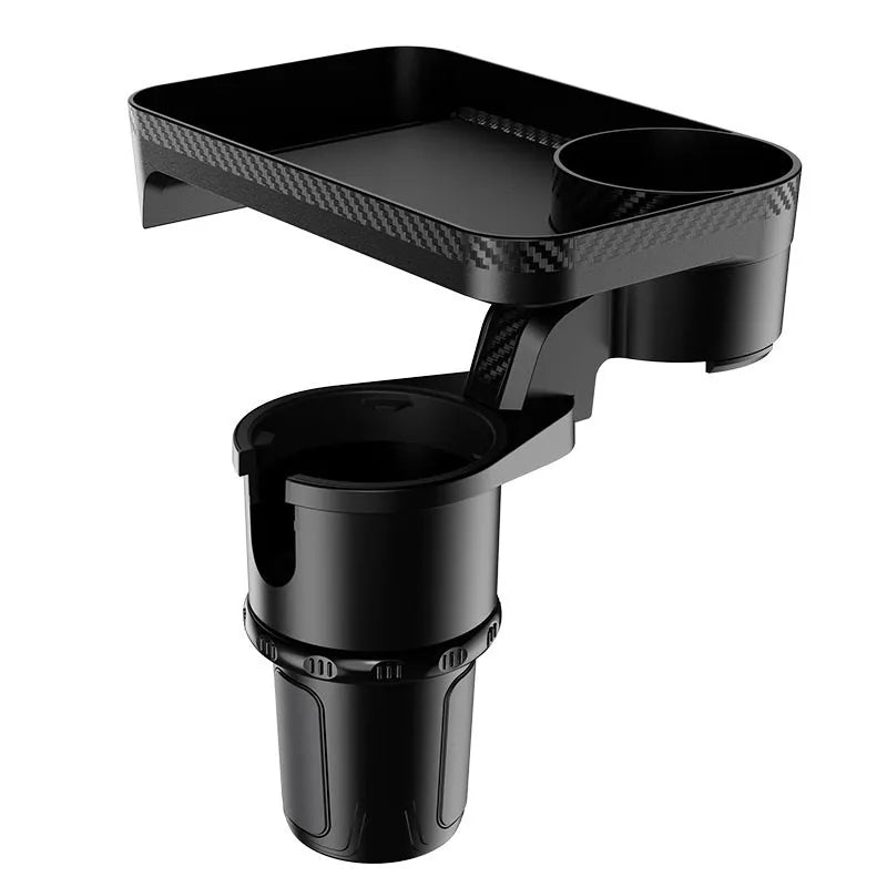 Black car cup holder with 360-degree rotating dinner tray placed in vehicle cup holder
