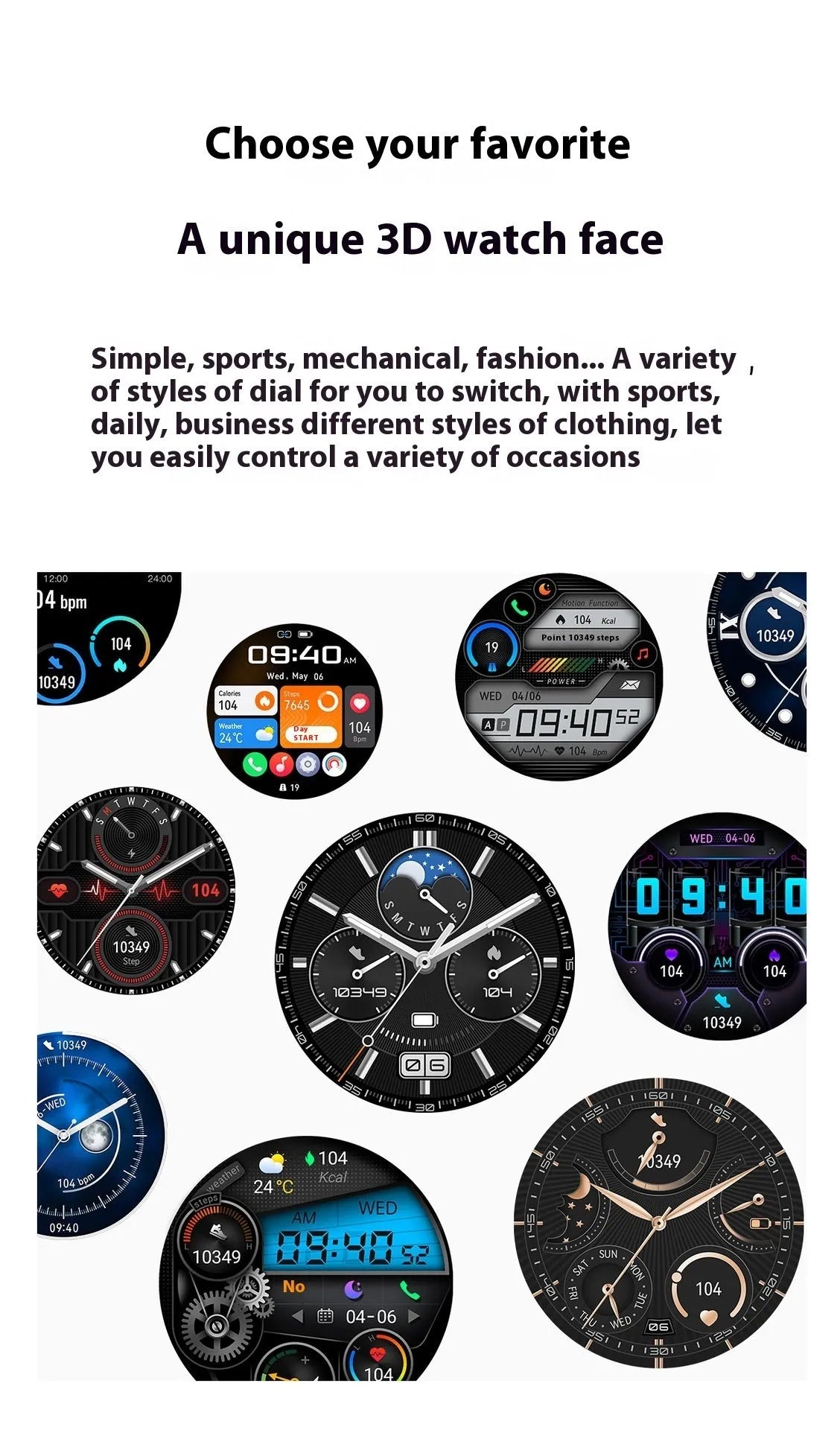 Black silicone strap smartwatch with silver case showing touch screen displaying health metrics