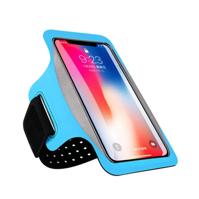 Black running armband phone case with transparent screen and card slot on a person's arm.