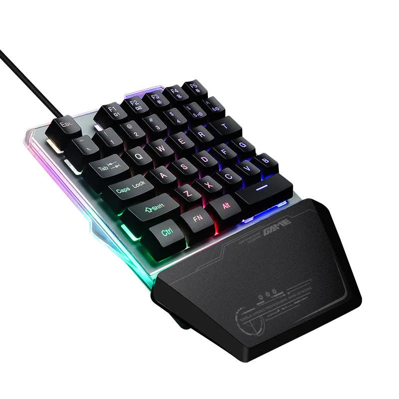 Black robotic one-handed keyboard with RGB backlit keys and a USB cable.