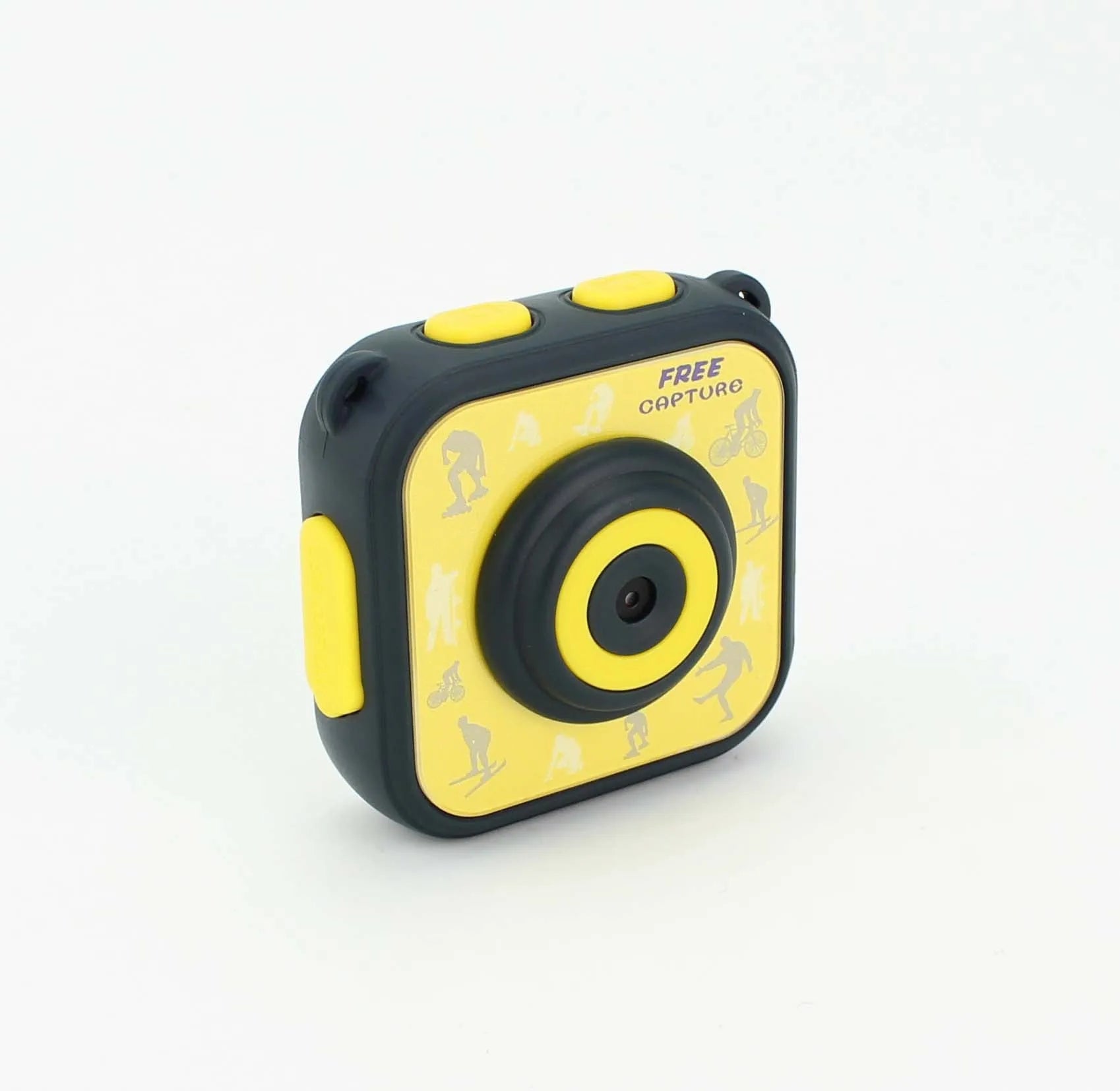 Yellow children's waterproof sports camera showing front display and controls