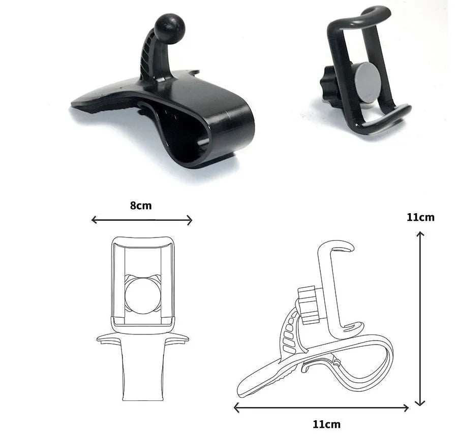 Black grey ABS plastic car pull clip phone holder with direct view, 360-degree rotation and 60-degree tilt