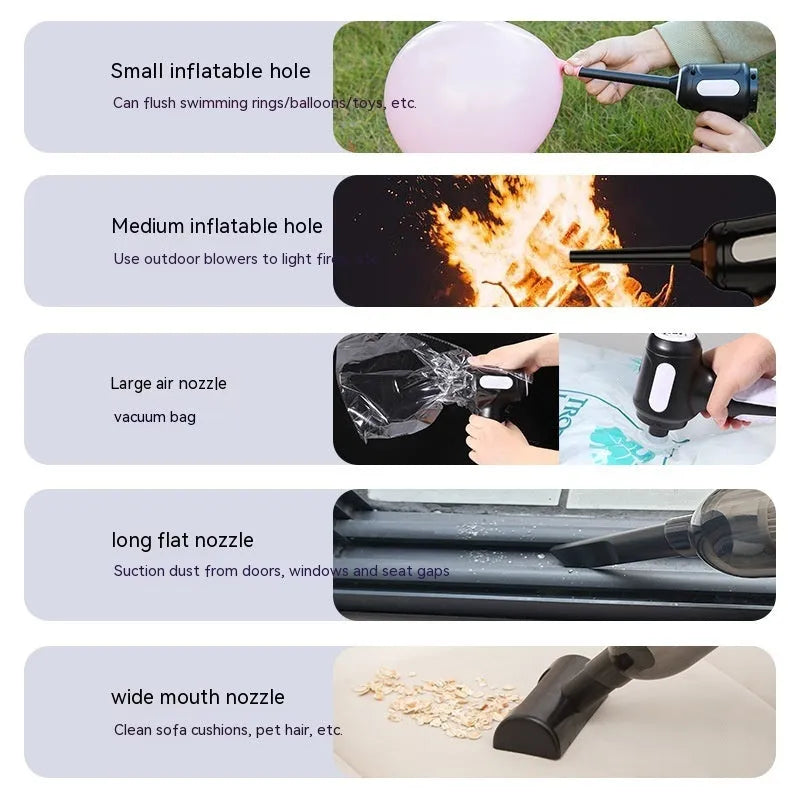 Black cordless handheld car vacuum cleaner with attached brush nozzle and charging cable.