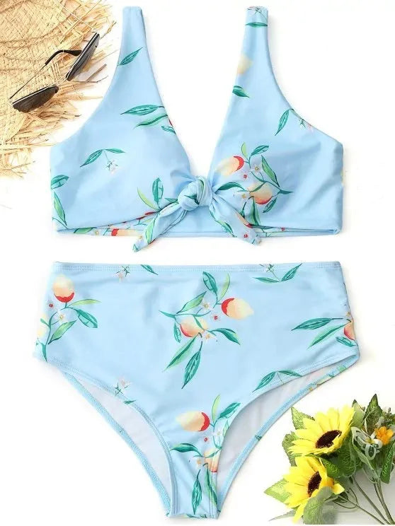 Bikini knotted double-sided swimsuit in blue, polyester spandex blend, front view
