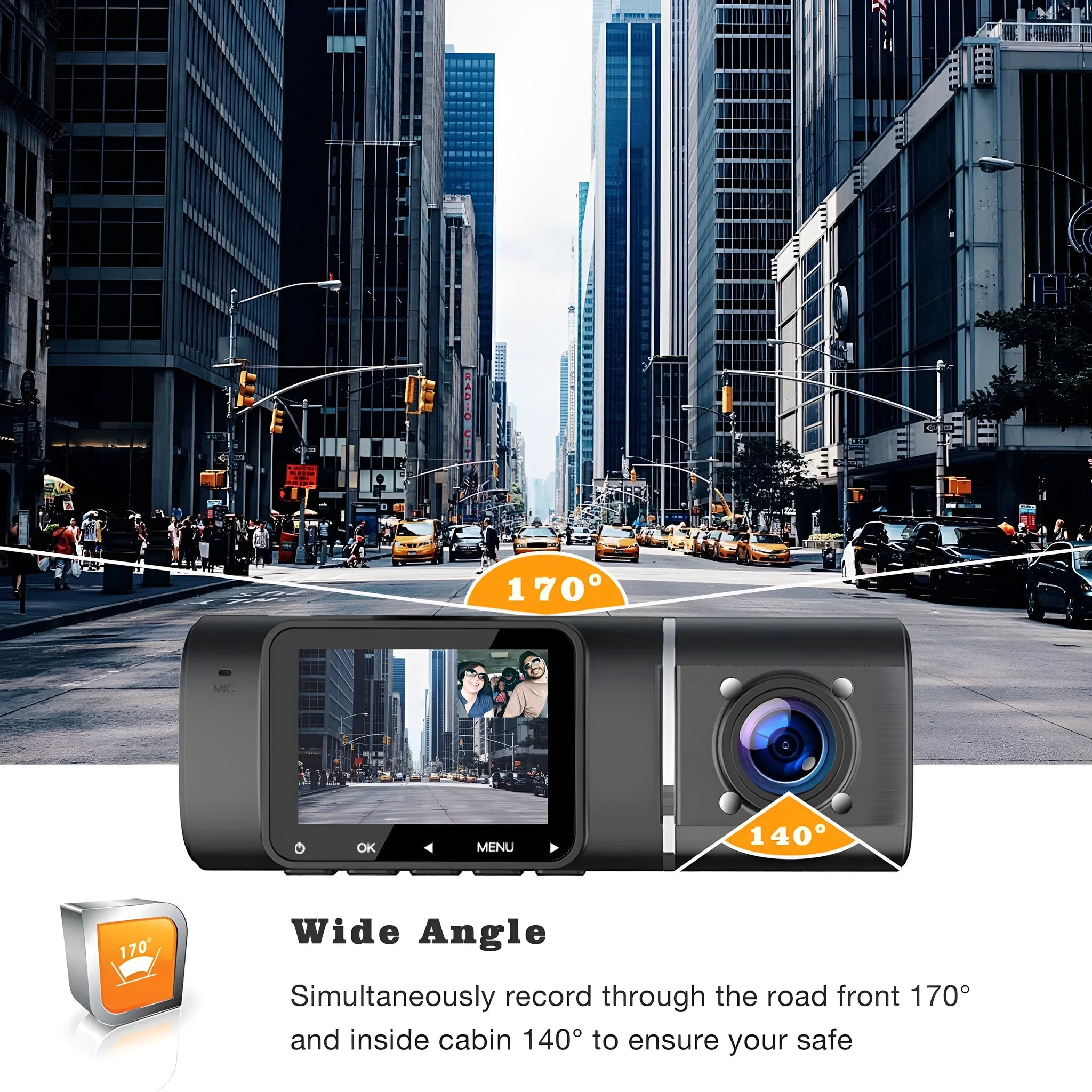 Standard black 1080p dashcam with 1.5-inch screen, showing car charger and stand accessories.