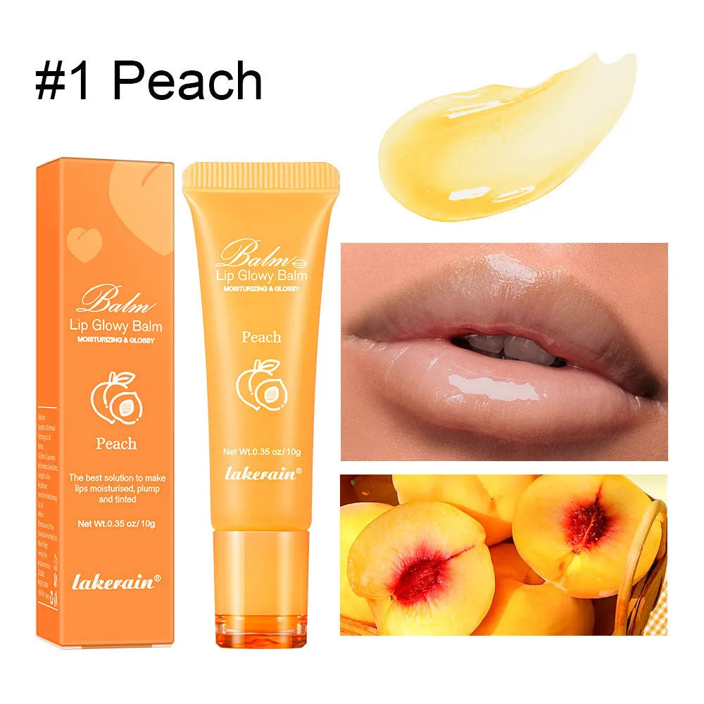 Women's lip gloss tube in one of four fruity flavours: yellow peach, berry, grapefruit, or grape.
