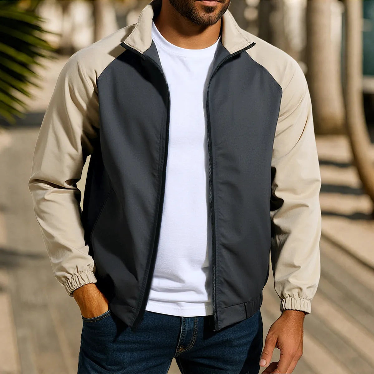 Men's loose fit casual jacket with a stand collar and raglan sleeves in a contrast colour.