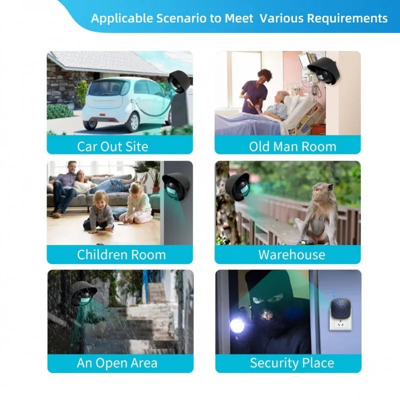 Wireless IP44 waterproof outdoor doorbell with 360 degree PIR sensor and 200 metre range receiver