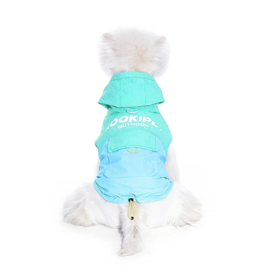 Mookipet 100% nylon dog sun protection vest in blue and green, side view showing traction point, for small dogs sizes XXS to XXL