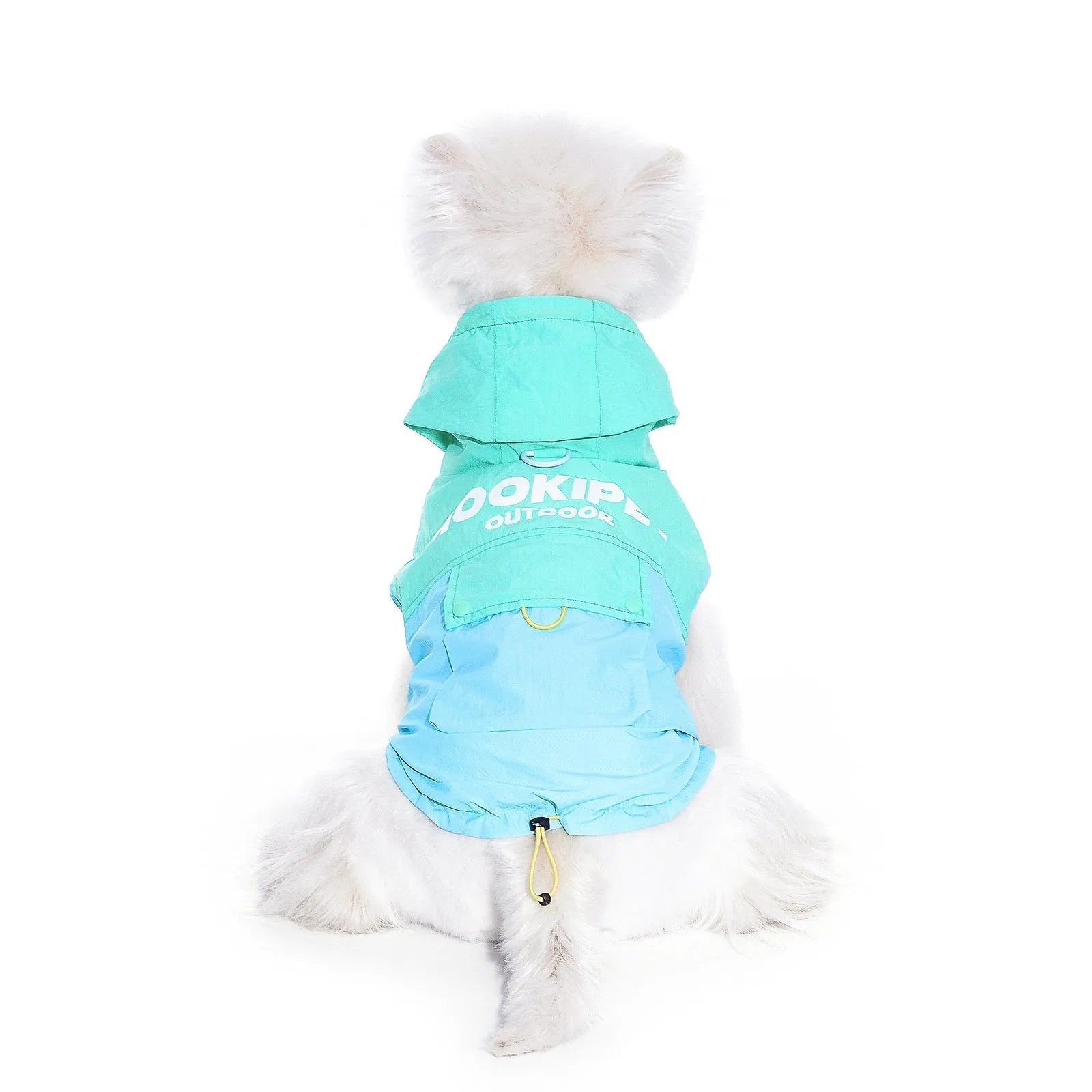 Mookipet 100% nylon dog sun protection vest in blue and green, side view showing traction point, for small dogs sizes XXS to XXL