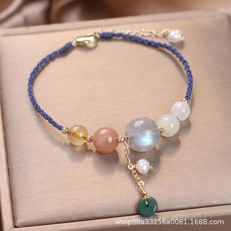 Hand-woven crystal peace buckle bracelet with sequins in blue, green, or red colour options