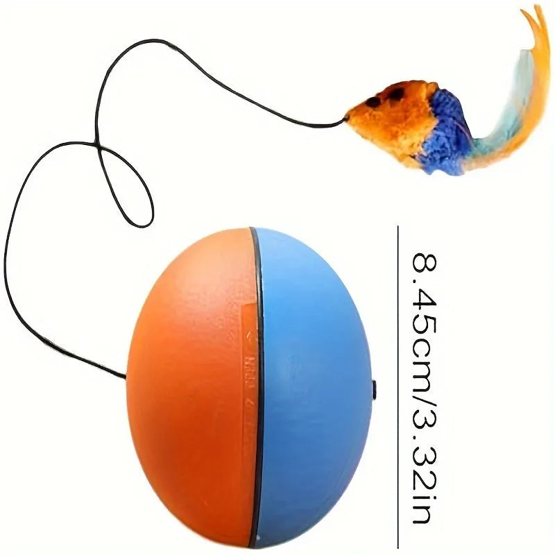 Interactive blue and orange cat toy with plush mouse and ball elements for feline exercise