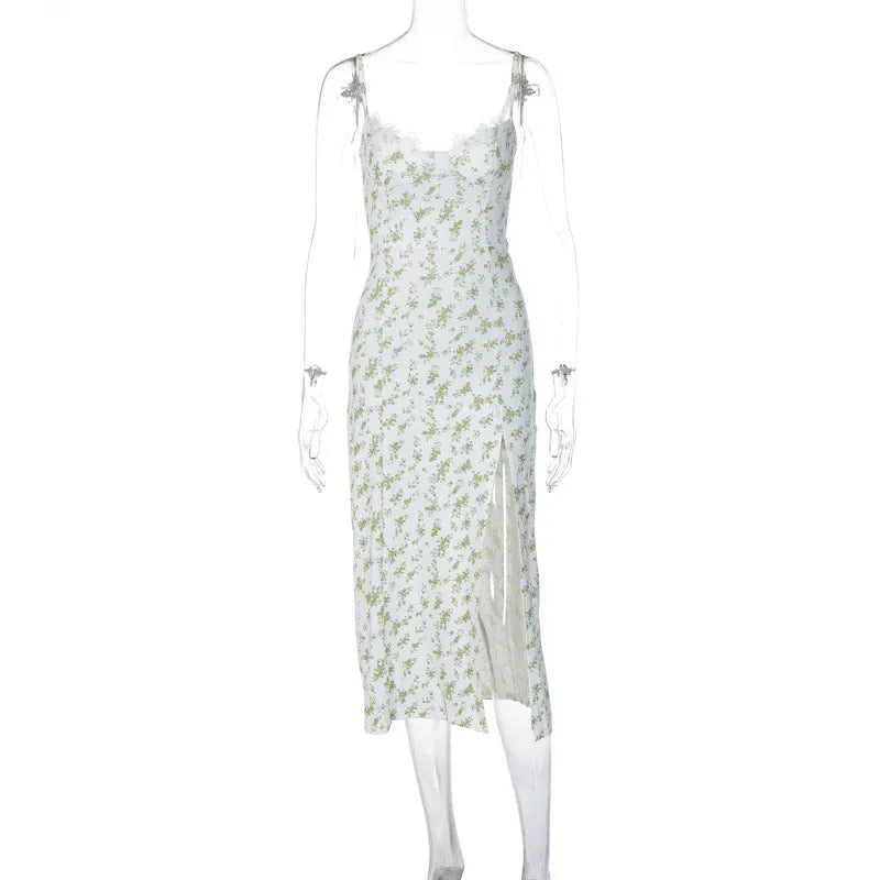 Women's long dress with lace flowers print pattern, side slit, and suspender straps in polyester fabric