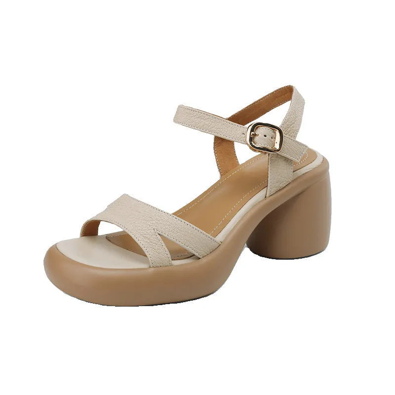 Women's open-toe platform sandals in apricot with a round-toe holder and rubber sole.