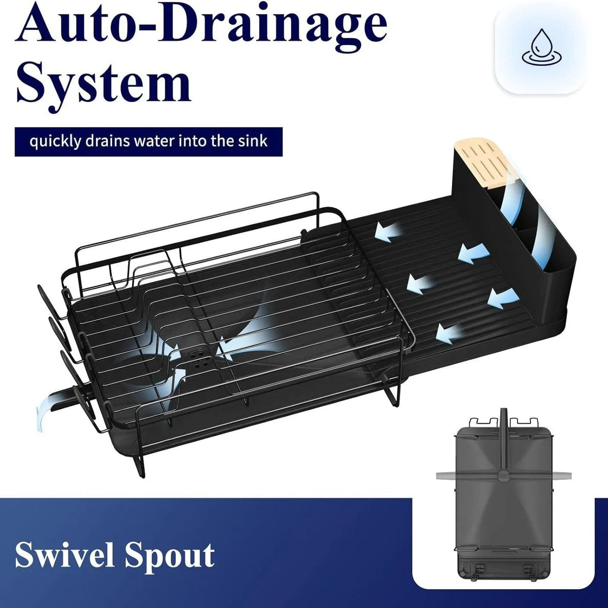 Retractable carbon steel kitchen dish drain rack holding cutlery and cups on sink