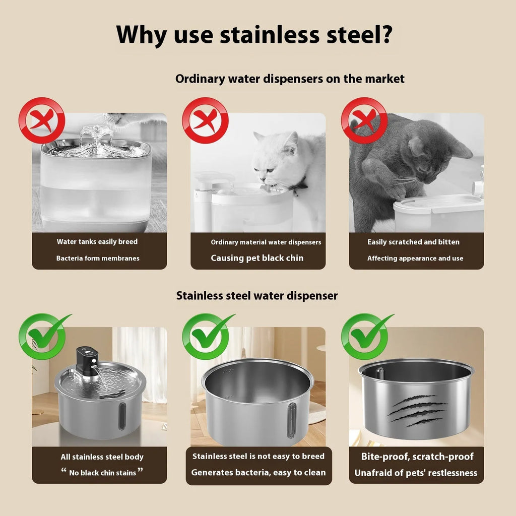 White stainless steel cat and dog water fountain with a constant temperature heating base on a table.