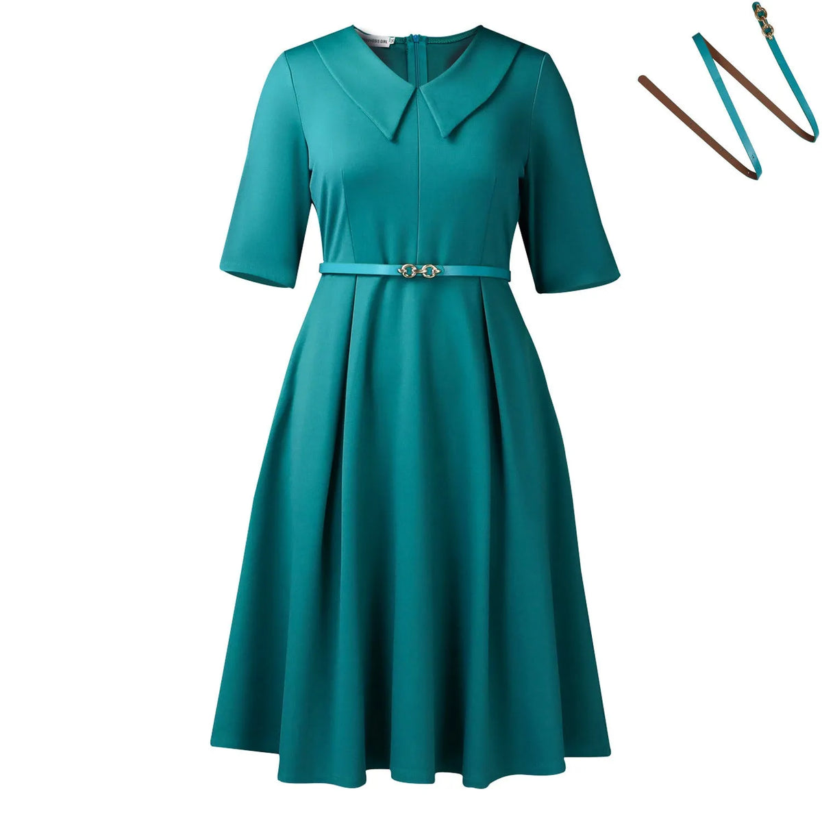 A woman wearing a solid colour African dress with half sleeves and a matching belt, showcasing the high-waist design.