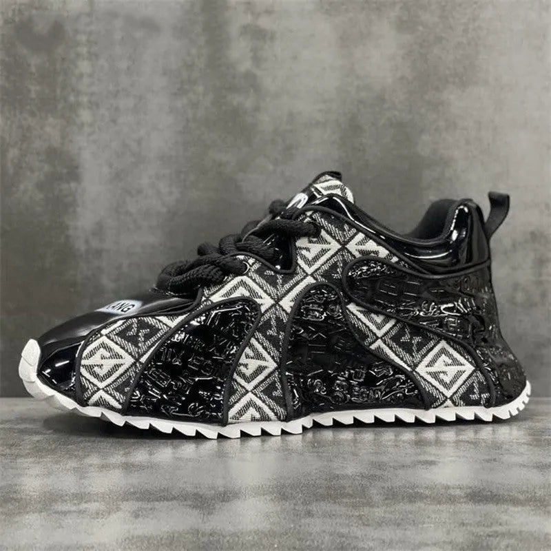 Men's black casual platform shoes with round toe, lace-up front, and rubber sole