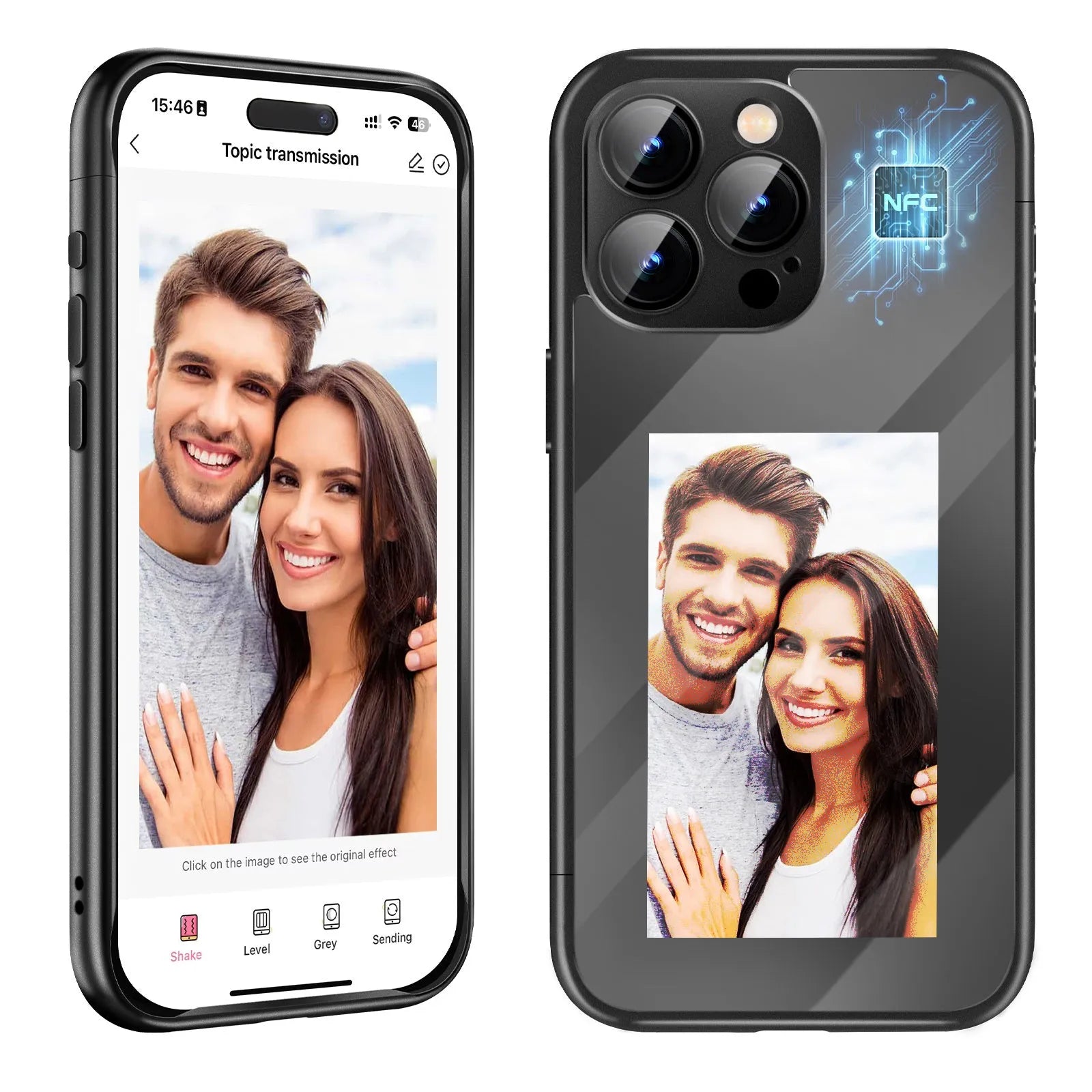 Black iPhone 15 Pro Max flip case with NFC ink screen showing custom text