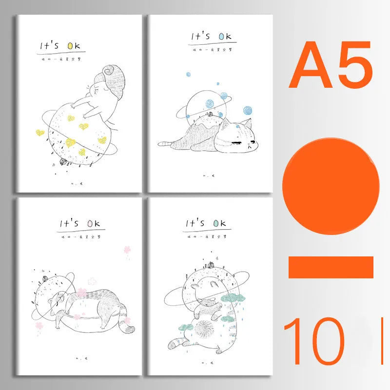 Pack of ten thread-bound A5 and B5 softcover notebooks showing multiple design styles including kraft paper and illustrated covers.