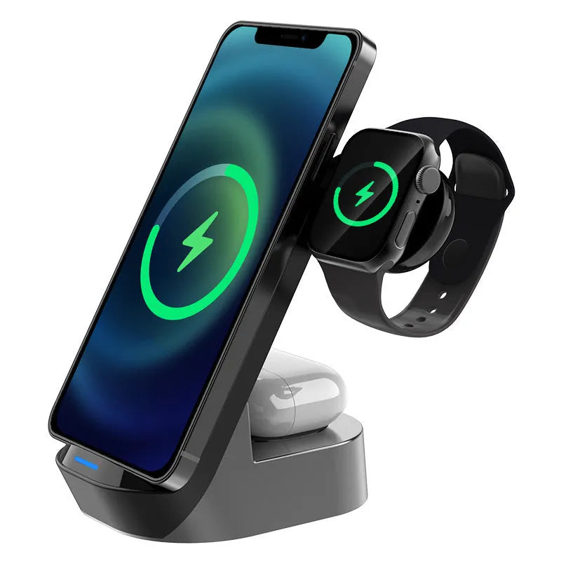 Black grey foldable 3-in-1 wireless charger stand holding a phone, Apple Watch and AirPods case.