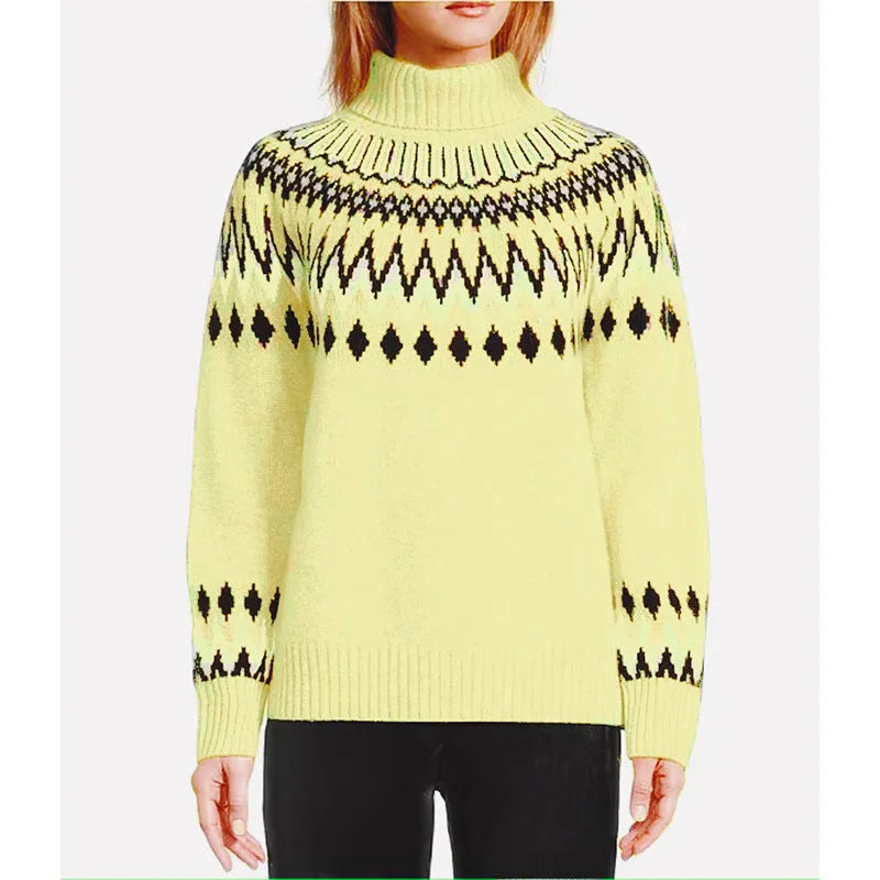 Women's knitted sweater in brown, acetate fibre jacquard pullover with long sleeves, front view