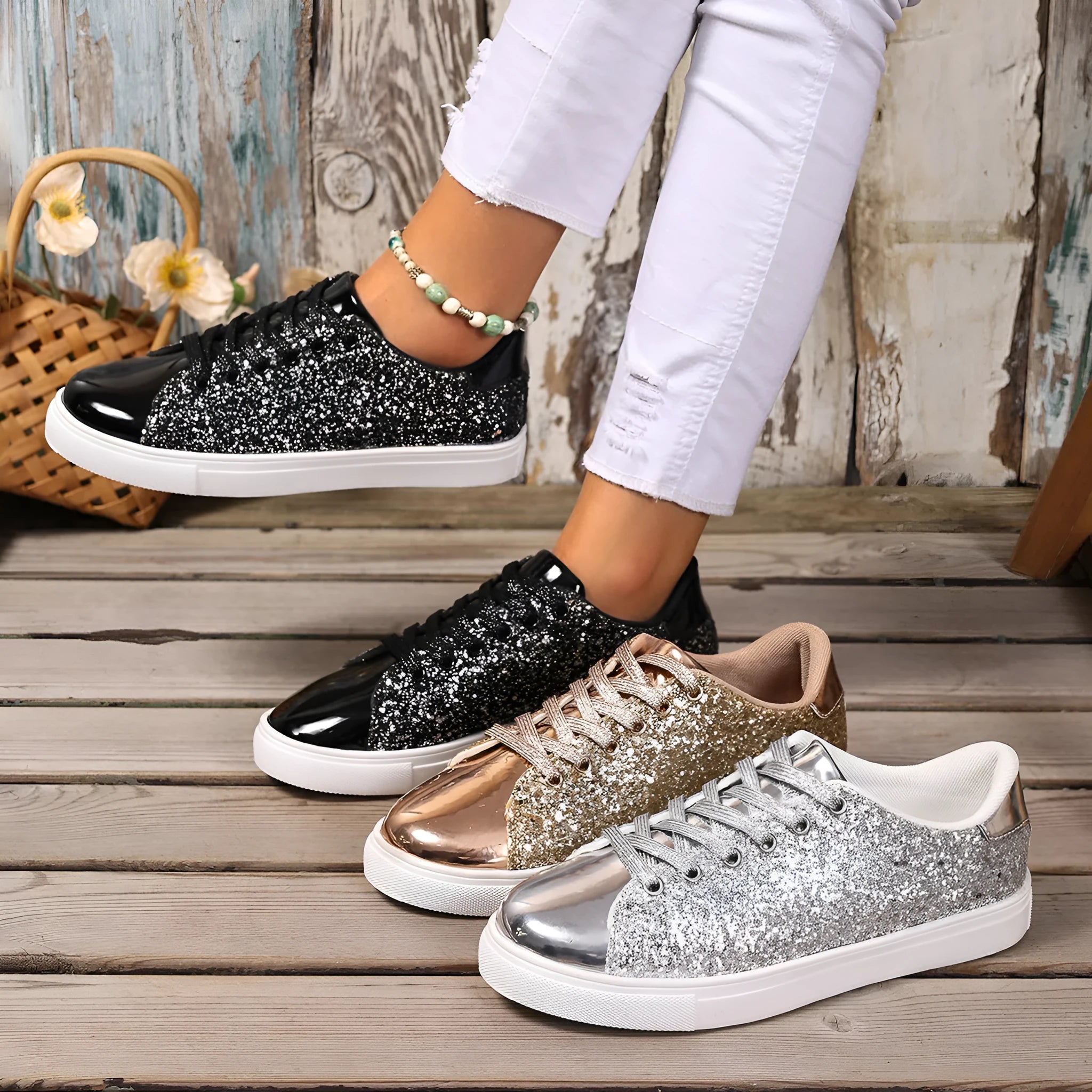 Women's black plus size board shoes with sequin detailing and white front lace-up fastening on a rubber sole.