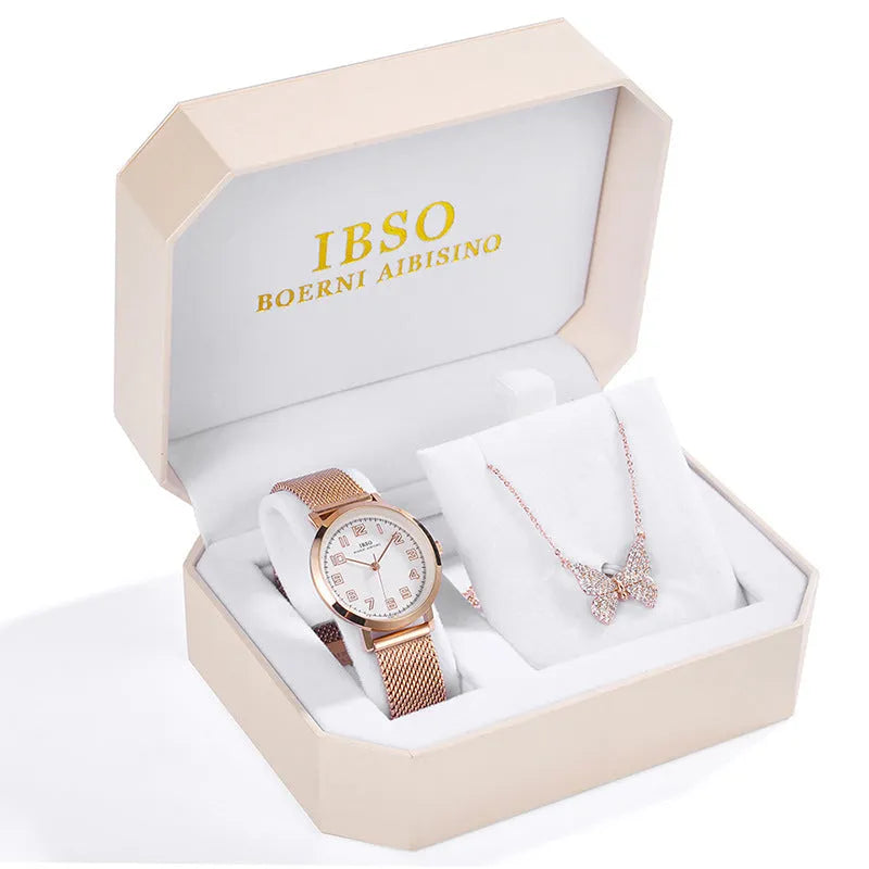 Rhinestone butterfly necklace quartz watch with round dial, alloy strap, and pin buckle