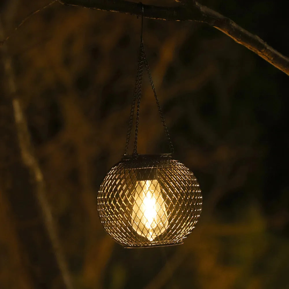 Outdoor garden courtyard hollow-out iron lantern lamp with super bright light, cylindrical or round flat iron design