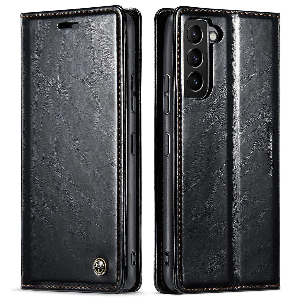 Crazy horse pattern PC leather card flip phone case for Samsung Galaxy A55, showing card slot and magnetic closure
