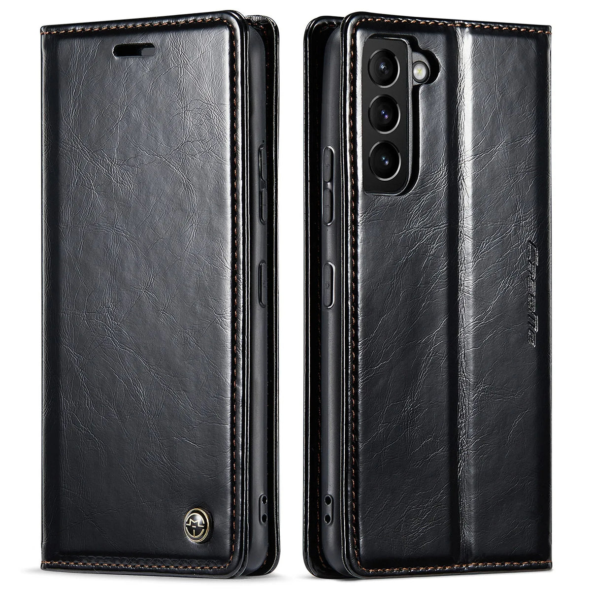 Crazy horse pattern PC leather card flip phone case for Samsung Galaxy A55, showing card slot and magnetic closure