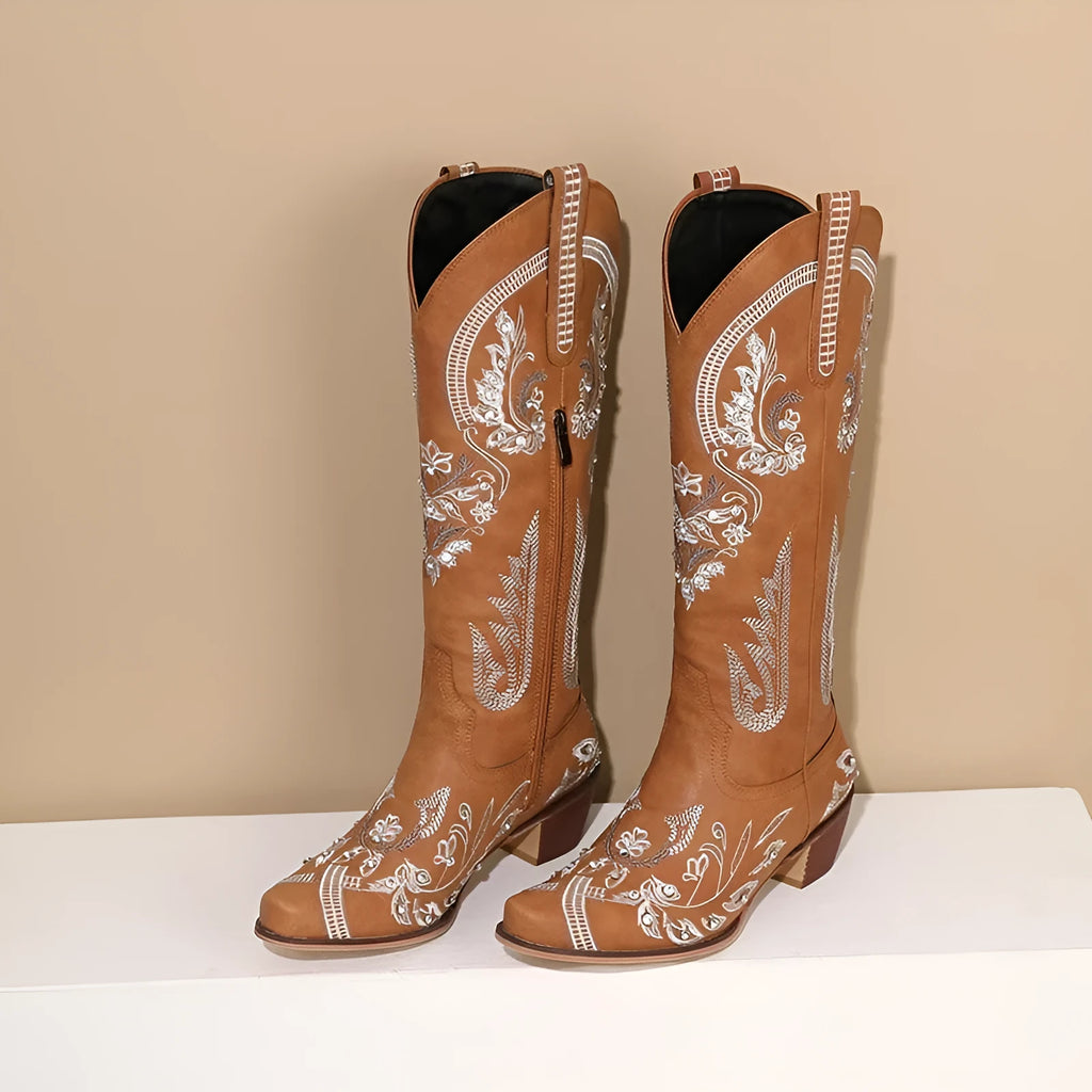 Women's embroidered rhinestone thick high heel high-top boots with side zipper, artificial PU upper, available in multiple colours