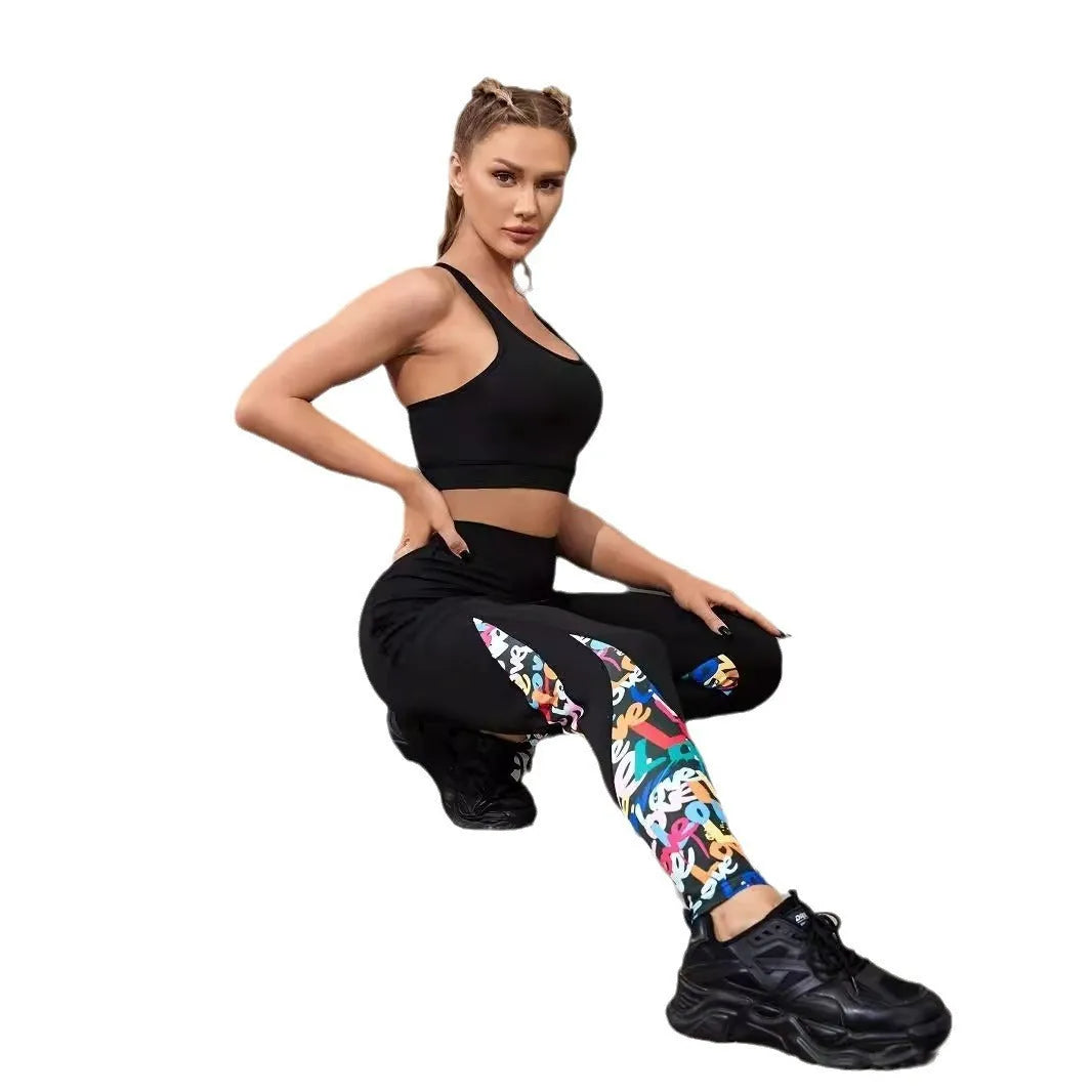 Women's black high waist yoga leggings with contrast patchwork leopard print design and side pocket