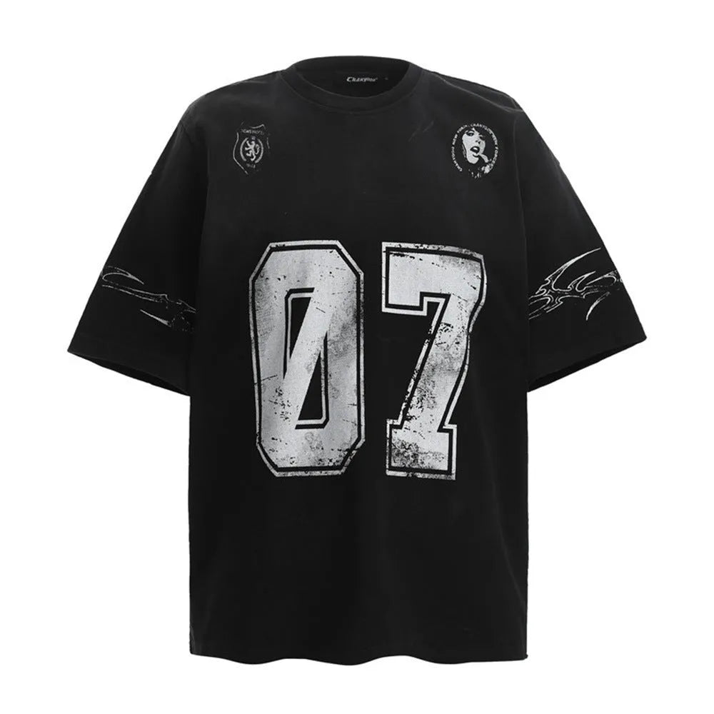 Men's black and white printed short-sleeved cotton T-shirt showing front design.