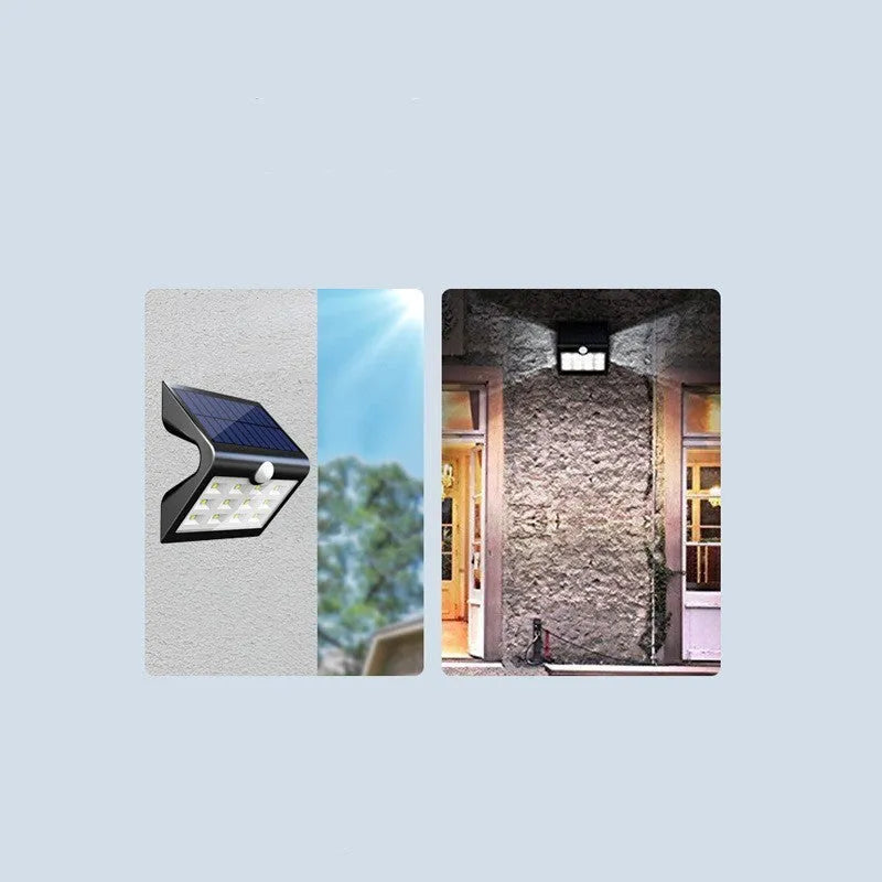 Compact white solar-powered outdoor wall light with motion sensor and LED panel.