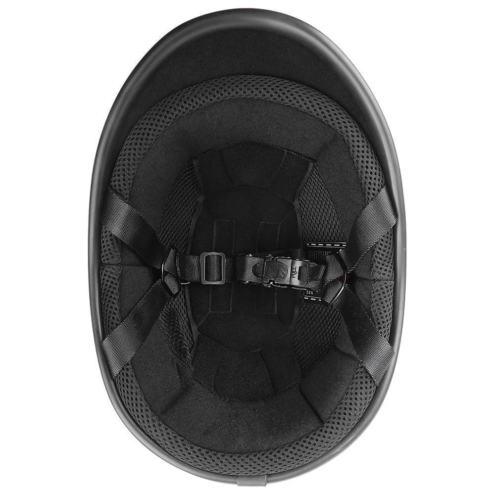 Retro-style helmet with hand-curved ABS shell shown in matte black, bright black, white, cement grey and carbon fibre finishes.