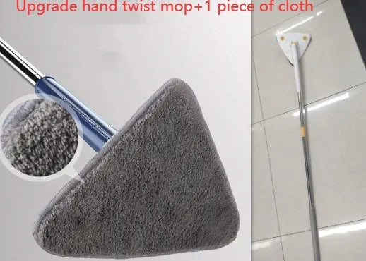 Blue triangle cleaning mop with rotating head and extendable stainless steel pole on a tiled floor