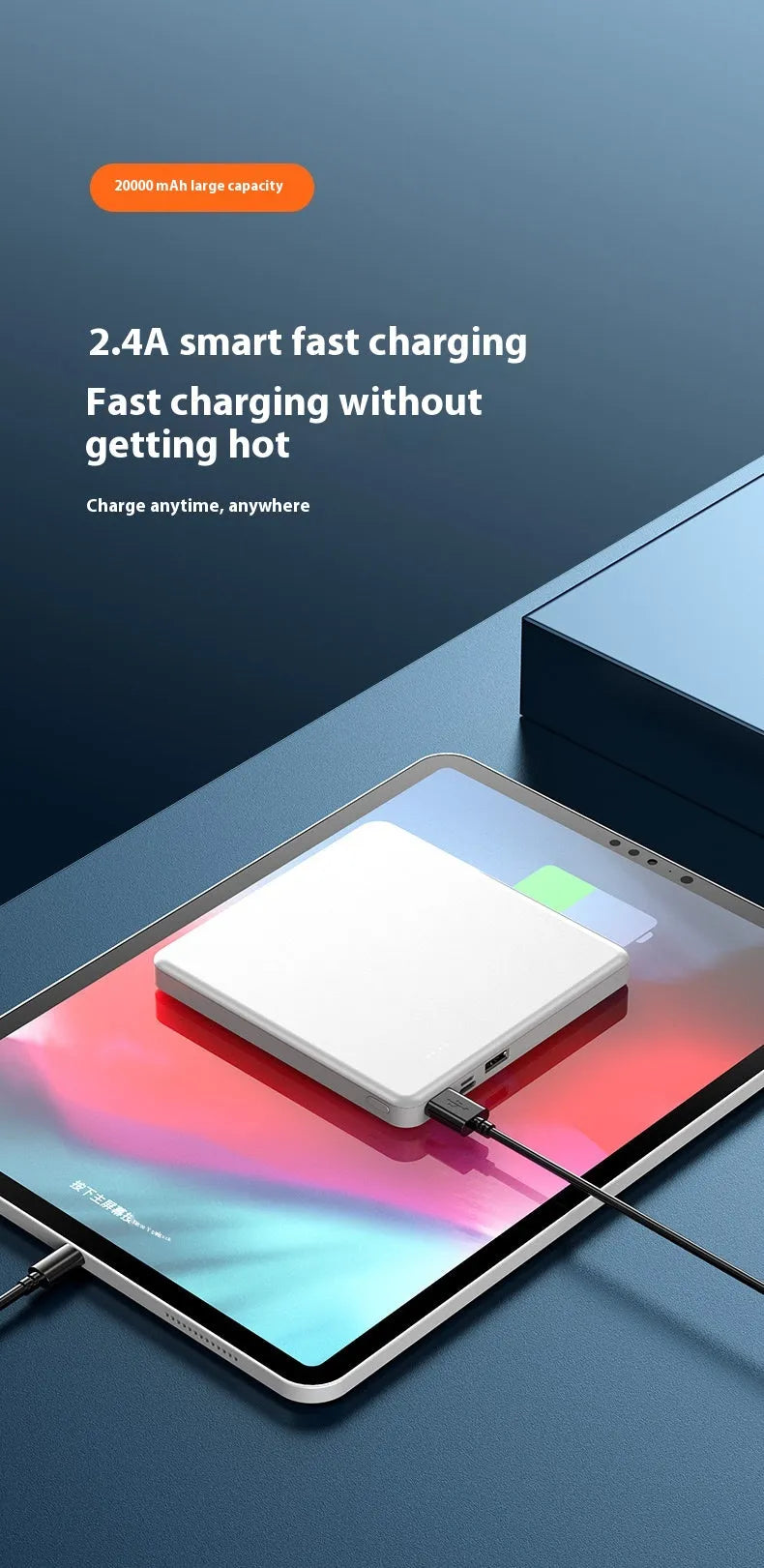 White 20000mAh portable fast charge power bank with QC3.0 graphene cell and Type-C/Micro input
