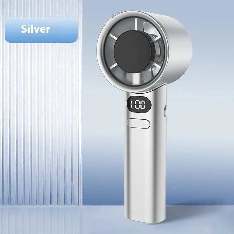 Handheld USB personal fan with variable speed control, shown in green colour with six plastic blades.