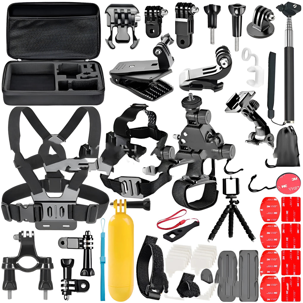 Black Gopro accessories set with chest strap mount, helmet mount and tripod compatible with Hero cameras and iPhones