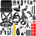 Black Gopro accessories set with chest strap mount, helmet mount and tripod compatible with Hero cameras and iPhones