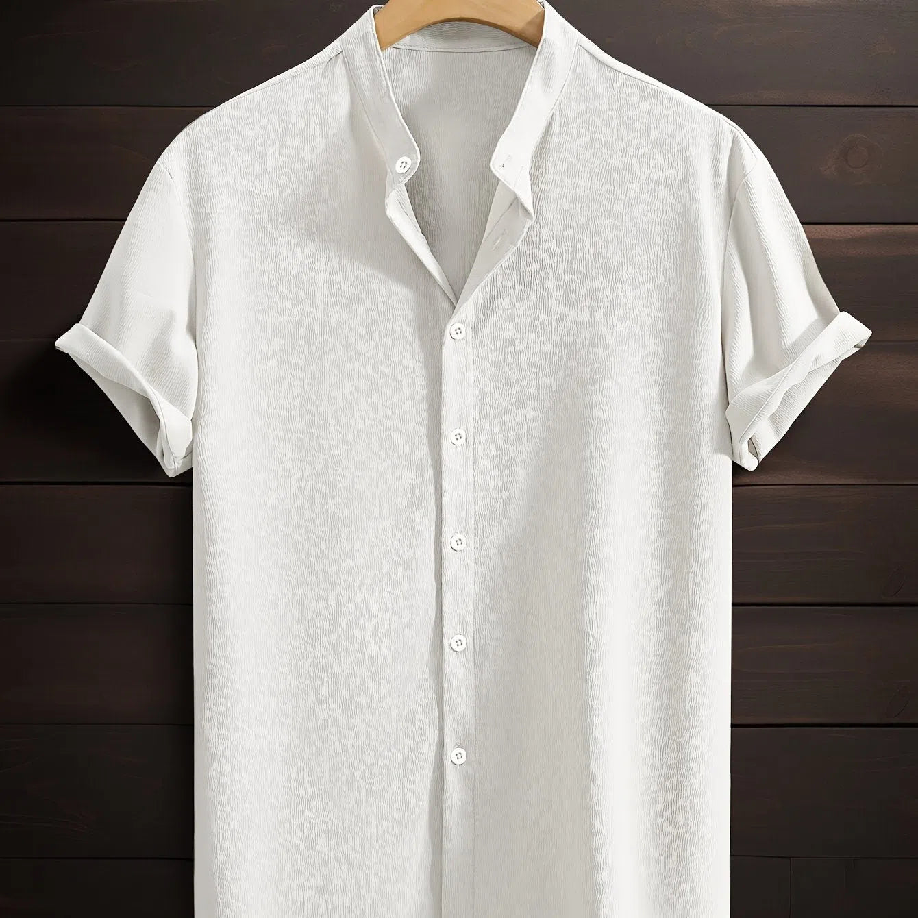 Men's casual breathable polyester stand collar short sleeve shirt in solid colour, loose fit, non-iron