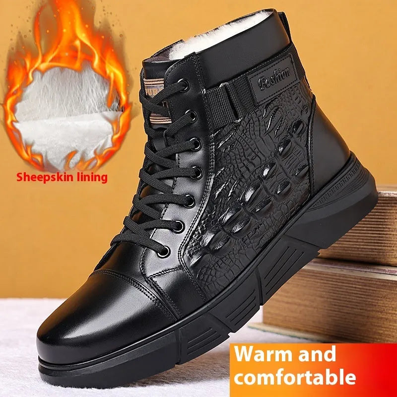 Black genuine leather winter boots with fur lining, round toe, lace-up front, and a rubber sole.