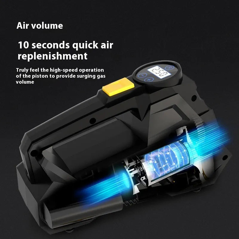 Black vehicle-mounted tyre inflator with digital display and LED light feature
