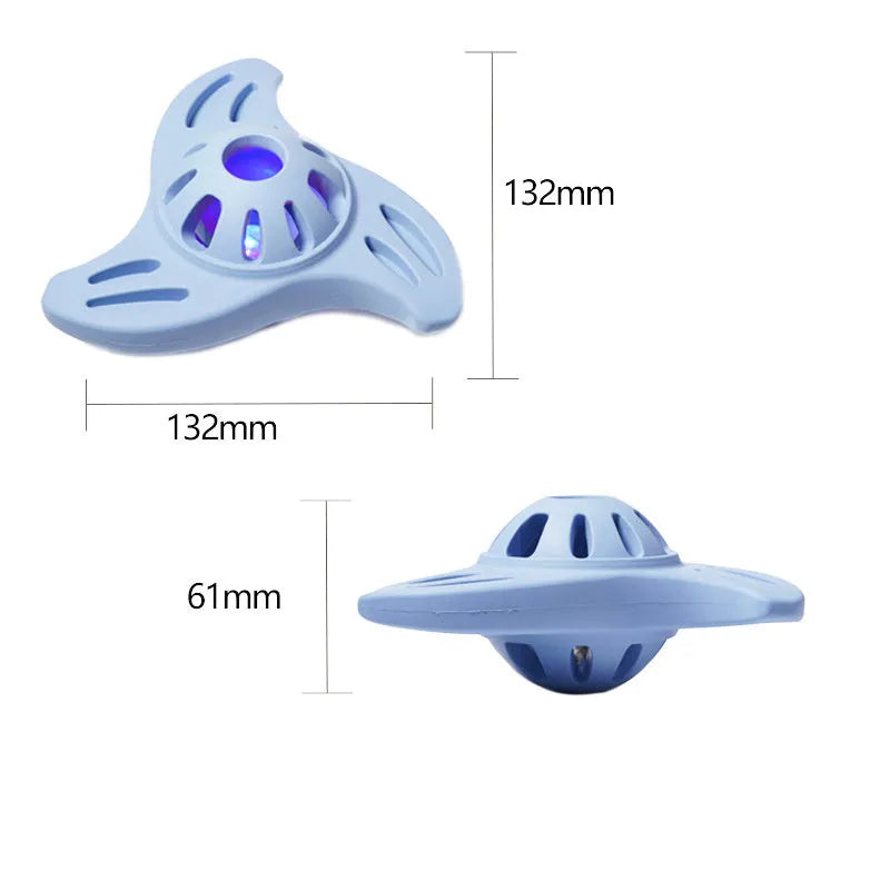 Blue boomerang-shaped dog chew toy with textured molar ridges