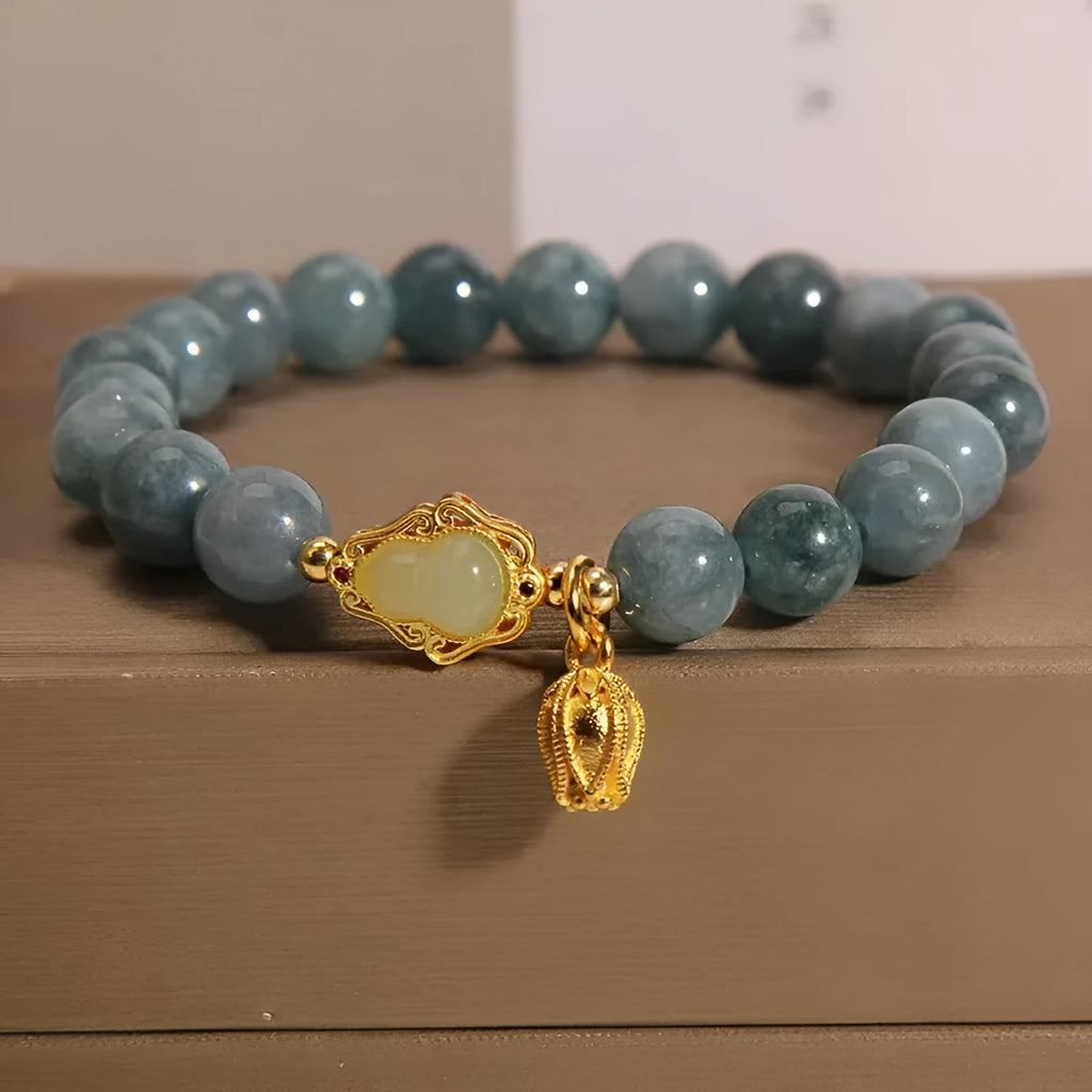 Women's natural stone bracelet with blue gourd lotus flower pendant and electroplated sky blue finish