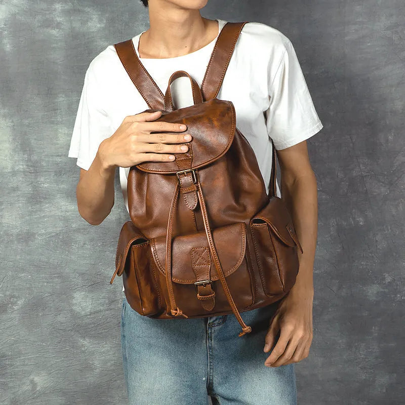 Genuine leather retro backpack for men, top grain leather, ergonomic back panel, 15 inch laptop capacity, light brown colour