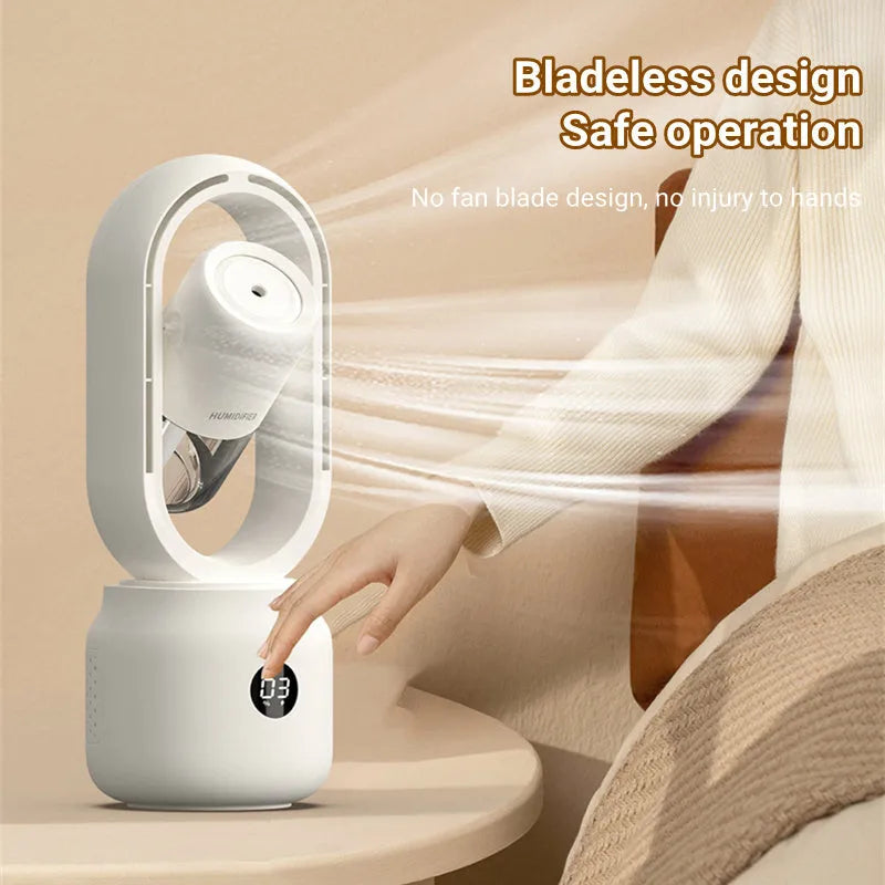 White bladeless table fan with water tank and USB port on a wooden desk.
