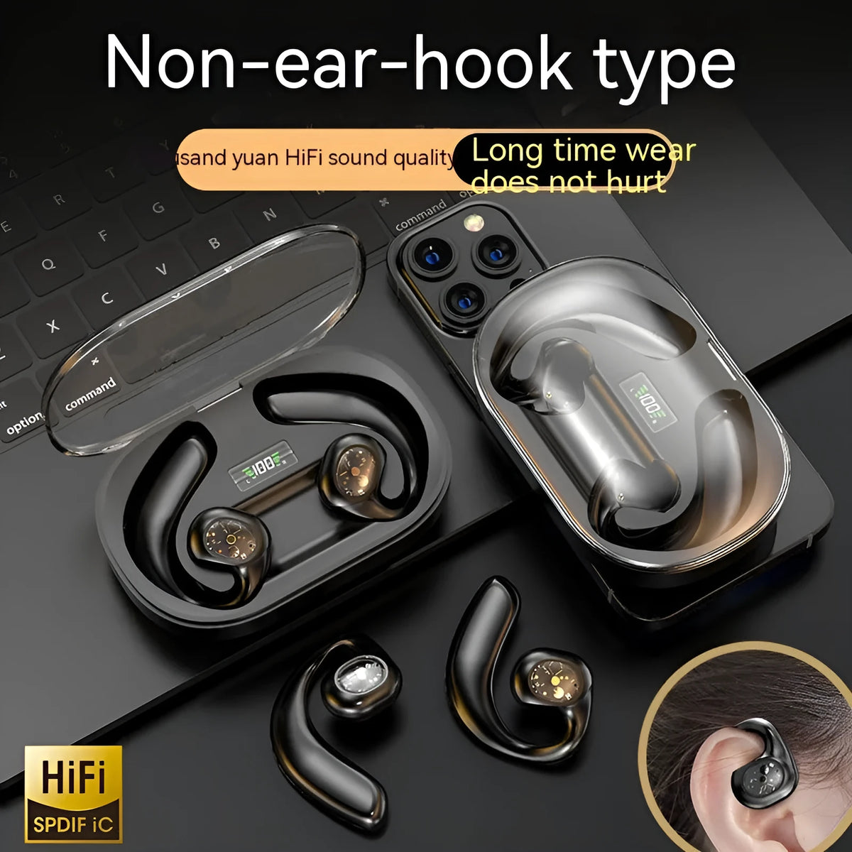 Y3 open non in ear wireless Bluetooth earphones black ear hook bone conduction sports style