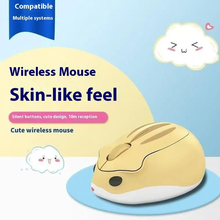 Hamster Wireless Bluetooth Mute Mouse in yellow, pink, or grey on a laptop.